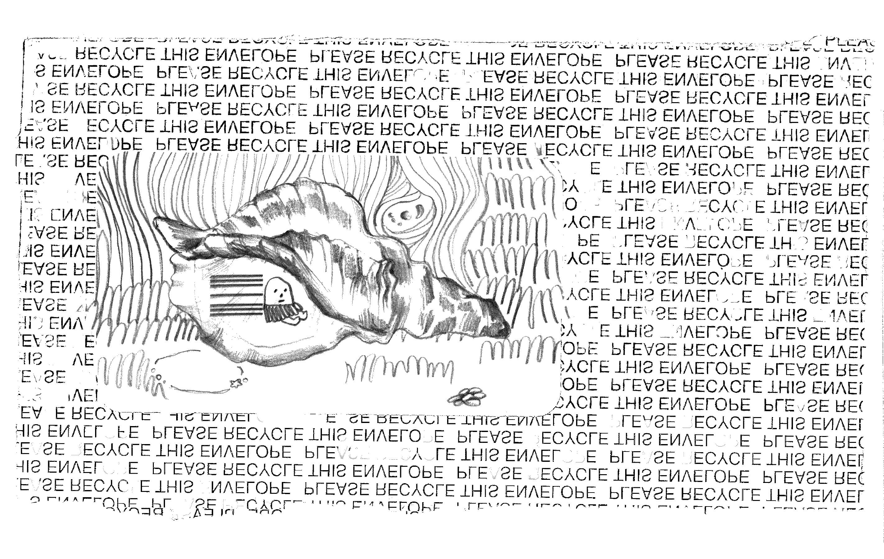 a collage of a scanned envelope, through whose window sits a blobby figure in a conch shell. surrounding the shell are gently undulating ferns that resemble walls. in the foreground there is a small cleaering, upon which a portal and a flower lay. in the background amongst the fernlike walls are glimmering bubbles that also resemble water droplets or gemstones.